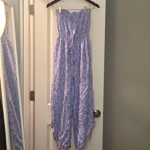 Jumpsuit blue with pink flowers